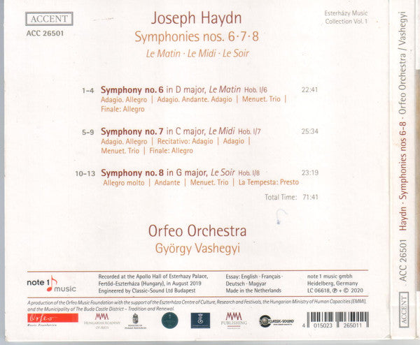 Joseph Haydn, Orfeo Orchestra Budapest, György Vashegyi : Symphonies Nos. 6 · 7· 8 Le Matin · Le Midi · Le Soir (CD, Album)