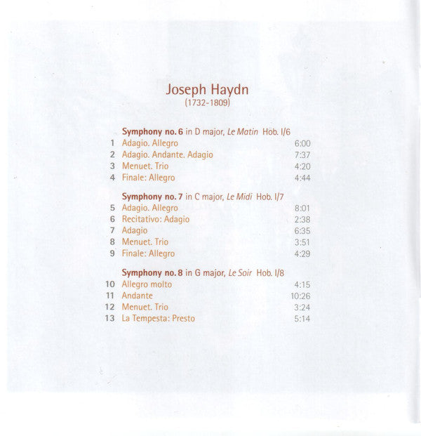 Joseph Haydn, Orfeo Orchestra Budapest, György Vashegyi : Symphonies Nos. 6 · 7· 8 Le Matin · Le Midi · Le Soir (CD, Album)