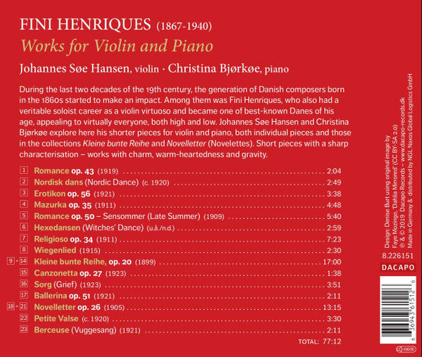 Fini Henriques, Johannes Søe Hansen, Christina Bjørkøe : Works For Violin And Piano (CD, Album)