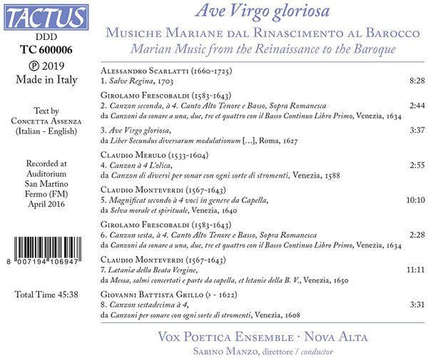 Vox Poetica Ensemble · Ensemble Nova Alta · Sabino Manzo : Ave Virgo Gloriosa: Musiche Mariane Dal Rinascimento Al Barocco (CD, Album)