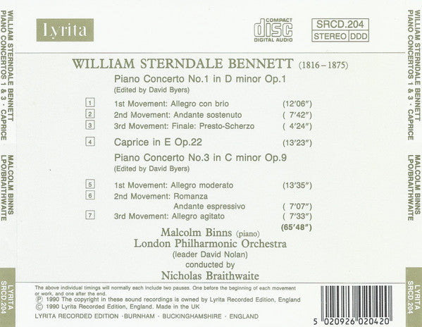 William Sterndale Bennett, Malcolm Binns, London Philharmonic Orchestra, Nicholas Braithwaite : Piano Concerto No. 1 / Piano Concerto No. 3 / Caprice (CD)
