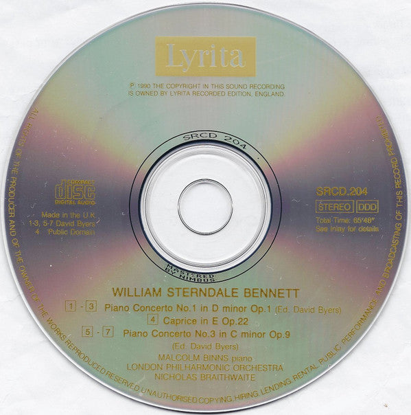 William Sterndale Bennett, Malcolm Binns, London Philharmonic Orchestra, Nicholas Braithwaite : Piano Concerto No. 1 / Piano Concerto No. 3 / Caprice (CD)