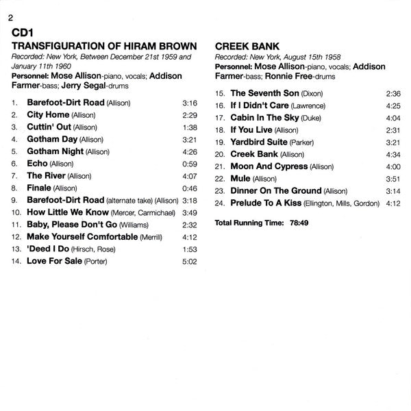 Mose Allison : Four Classic Albums Plus (Transfiguration Of Hiram Brown / Creek Bank / I Love The Life I Live / V-8 Ford Blues) (2xCD, Comp, RM)