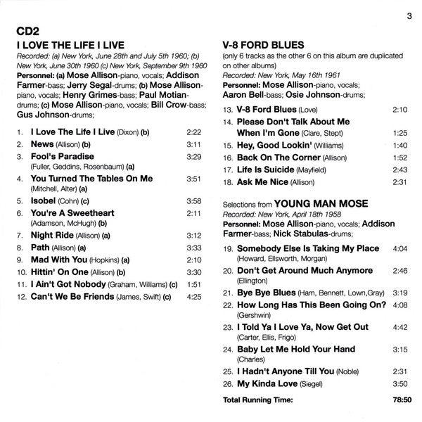 Mose Allison : Four Classic Albums Plus (Transfiguration Of Hiram Brown / Creek Bank / I Love The Life I Live / V-8 Ford Blues) (2xCD, Comp, RM)
