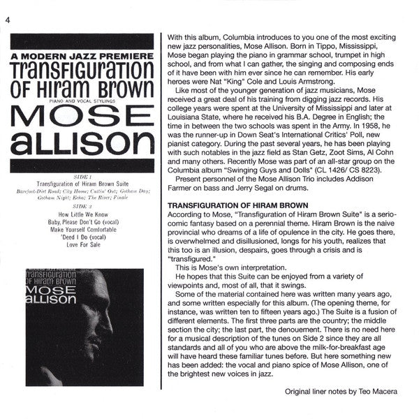 Mose Allison : Four Classic Albums Plus (Transfiguration Of Hiram Brown / Creek Bank / I Love The Life I Live / V-8 Ford Blues) (2xCD, Comp, RM)