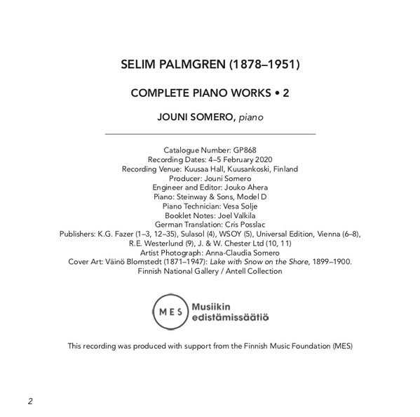 Selim Palmgren, Jouni Somero : Palmgren: Complete Piano Works, Vol. 2 (CD, Album)