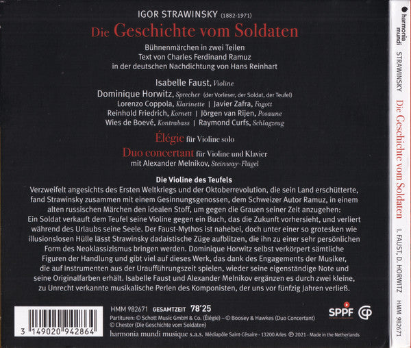 Igor Stravinsky, Isabelle Faust, Dominique Horowitz, Lorenzo Coppola, Javier Zafra, Reinhold Friedrich, Jörgen van Rijen, Wies de Boevé, Raymond Curfs, Alexander Melnikov : Die Geschichte Vom Soldaten – Élégie – Duo Concertant (CD)