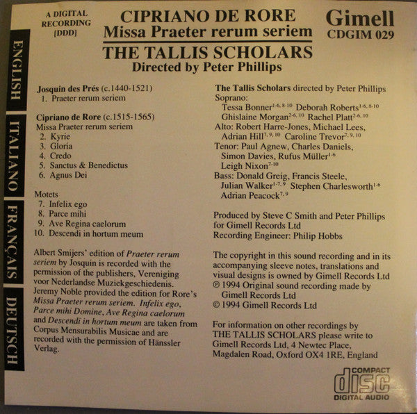 Cipriano De Rore, The Tallis Scholars, Peter Phillips (2) : Missa Praeter Rerum Seriem (CD, Album)