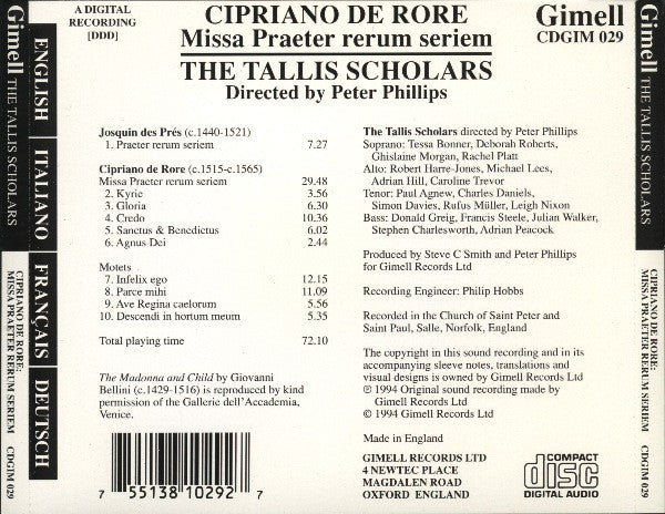 Cipriano De Rore, The Tallis Scholars, Peter Phillips (2) : Missa Praeter Rerum Seriem (CD, Album)