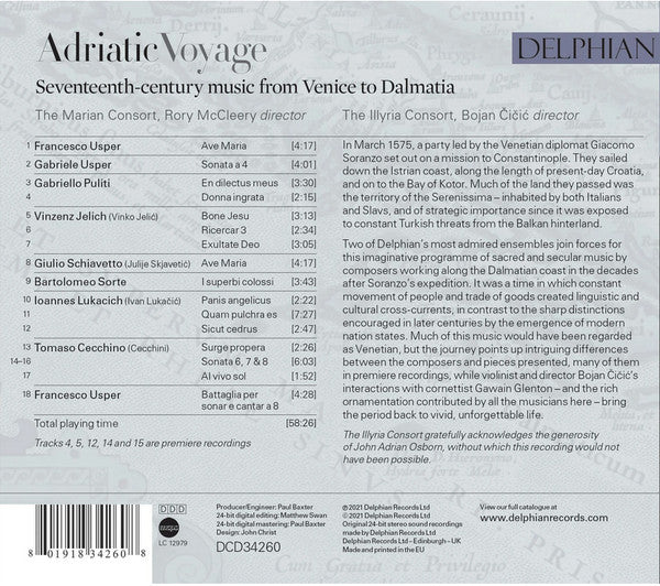 The Marian Consort, Rory McCleery, The Illyria Consort, Bojan Cicic : Adriatic Voyage - Seventheen-Century Music From Venice To Dalmatia  (CD)