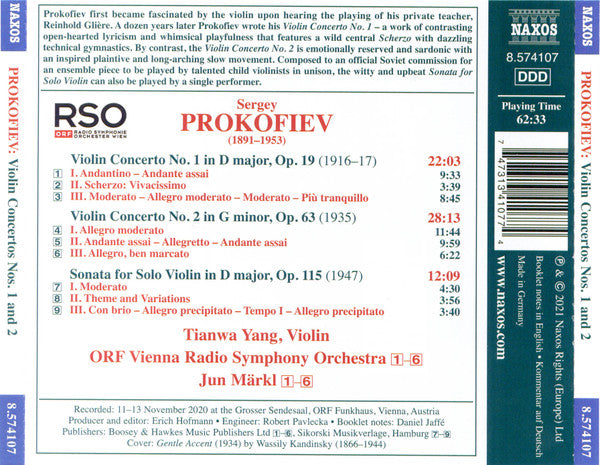 Sergei Prokofiev, Tianwa Yang, ORF Radio-Symphonieorchester Wien, Jun Märkl : Violin Concertos Nos. 1 And 2 (CD, Album)