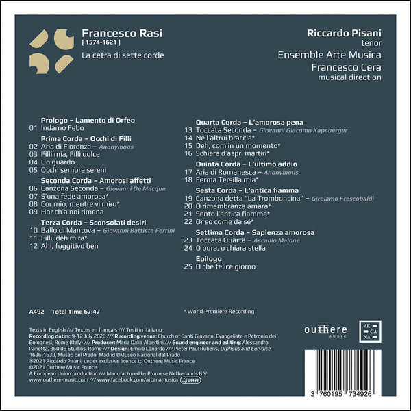 Francesco Rasi - Riccardo Pisani, Ensemble Arte-Musica, Francesco Cera : La Cetra Di Sette Corde (CD, Album)