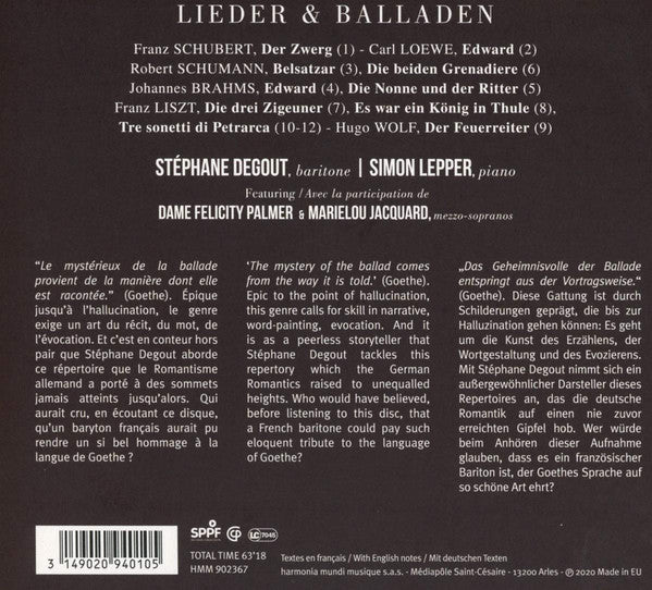 Franz Schubert | Carl Loewe | Robert Schumann | Johannes Brahms | Franz Liszt | Hugo Wolf - Stéphane Degout, Simon Lepper : Epic: Lieder & Balladen (CD, Album, Dig)