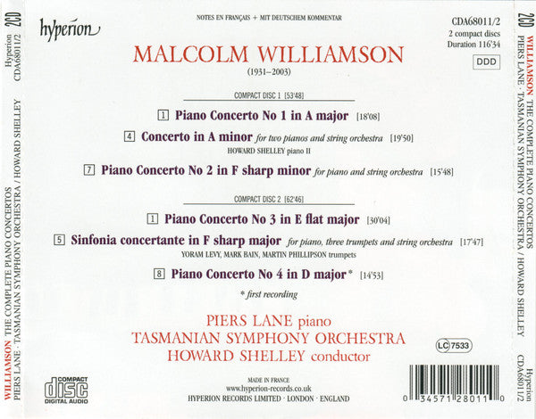 Malcolm Williamson - Piers Lane, Tasmanian Symphony Orchestra / Howard Shelley : The Complete Piano Concertos (2xCD)