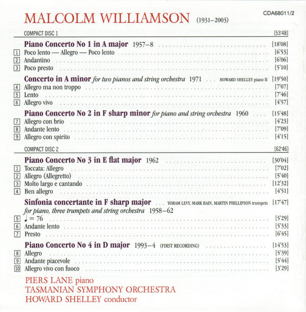 Malcolm Williamson - Piers Lane, Tasmanian Symphony Orchestra / Howard Shelley : The Complete Piano Concertos (2xCD)