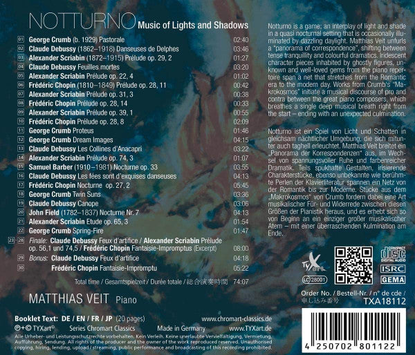 Frédéric Chopin, George Crumb, Claude Debussy, Alexander Scriabin, Samuel Barber, John Field (2), Matthias Veit : Notturno: Music Of Lights And Shadows (CD, Album)