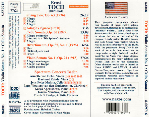 Ernst Toch, Spectrum Concerts Berlin : Violin Sonata No. 1 • Cello Sonata (CD)