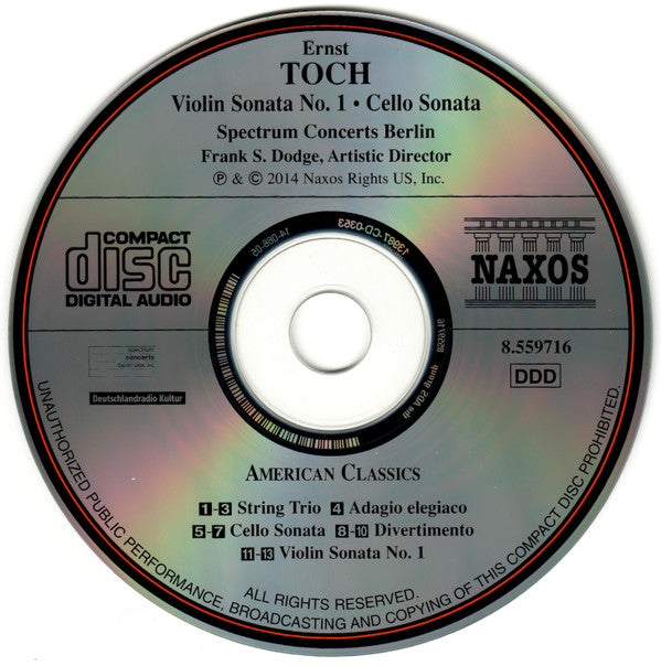 Ernst Toch, Spectrum Concerts Berlin : Violin Sonata No. 1 • Cello Sonata (CD)