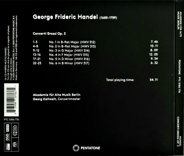 Georg Friedrich Händel, Akademie Für Alte Musik Berlin, Georg Kallweit : Concerti Grossi Op. 3 (SACD, Hybrid, Multichannel, Album)