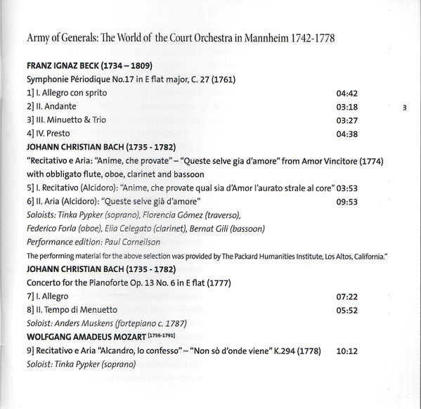 Franz Ignaz Beck, Johann Christian Bach, Wolfgang Amadeus Mozart, Niccolò Jommelli, Carl Stamitz, Anders Muskens, Das Neue Mannheimer Orchester : Army of Generals: The World of the Court Orchestra in Mannheim: Volume 1 (CD)