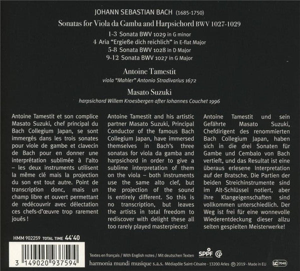 Johann Sebastian Bach, Antoine Tamestit, Masato Suzuki (5) : 3 Sonatas For Viola [da Gamba] And Harpsichord (CD, Album)