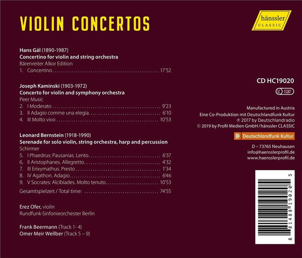 Hans Gal, Joseph Kaminski, Leonard Bernstein, Erez Ofer, Rundfunk-Sinfonieorchester Berlin, Frank Beermann, Omer Meir Wellber : Works For Violin & Orchestra (CD, Album)