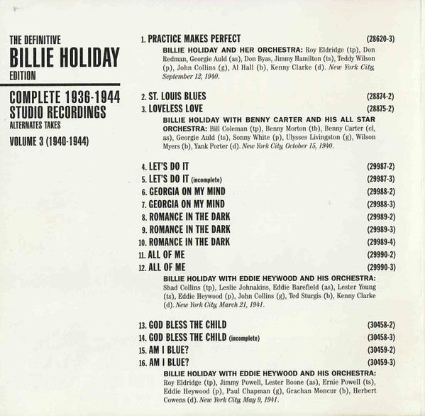Billie Holiday :  Complete 1938-1944 Studio Recordings / Alternate Takes - Volume 3 - 1940-1944 (CD, Comp)