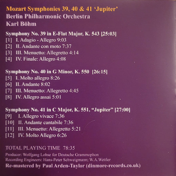 Wolfgang Amadeus Mozart - Karl Böhm, Berliner Philharmoniker : Symphonies Nos. 39, 40, 41 'Jupiter' (CD, Comp, RM)