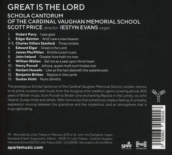 Schola Cantorum Of The Cardinal Vaughan Memorial School, Scott Price (4), Iestyn Evans (3) : Great Is The Lord  (CD, Album)