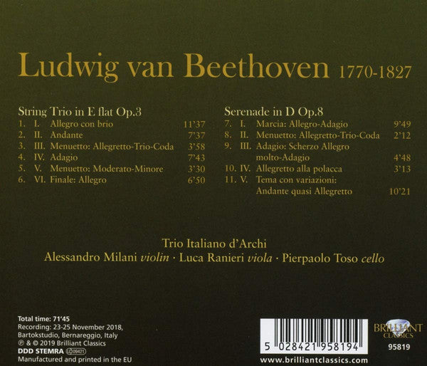 Ludwig van Beethoven, Trio Italiano D'Archi : String Trio, Op. 3 ; Serenade, Op. 8 (CD, Album)