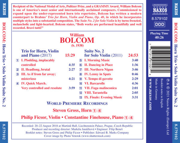 William Bolcom, Steven Gross, Philip Ficsor, Constantine Finehouse : Trio For Horn, Violin And Piano / Suite No. 2 For Solo Violin (CD, Album)