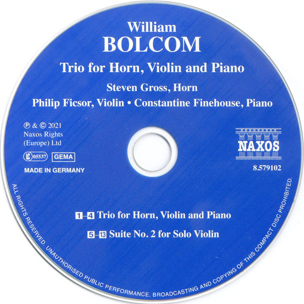 William Bolcom, Steven Gross, Philip Ficsor, Constantine Finehouse : Trio For Horn, Violin And Piano / Suite No. 2 For Solo Violin (CD, Album)