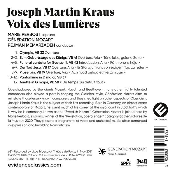 Joseph Martin Kraus, Marie Perbost, Generation Mozart, Pejman Memarzadeh : Voix Des Lumières   (CD)