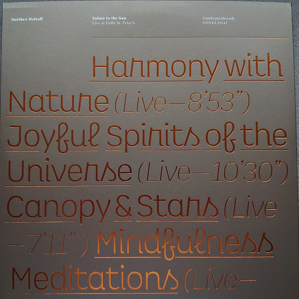 Matthew Halsall : Salute To The Sun (Live At Hallé St. Peter's) (LP + LP, S/Sided + Album, Ltd)