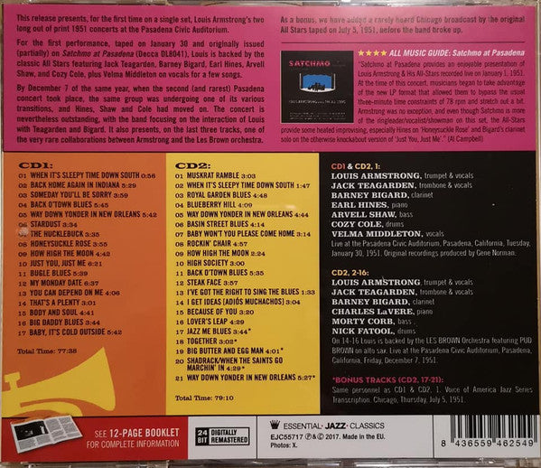 Louis Armstrong : The Complete 1951 Pasadena Concerts (2xCD)