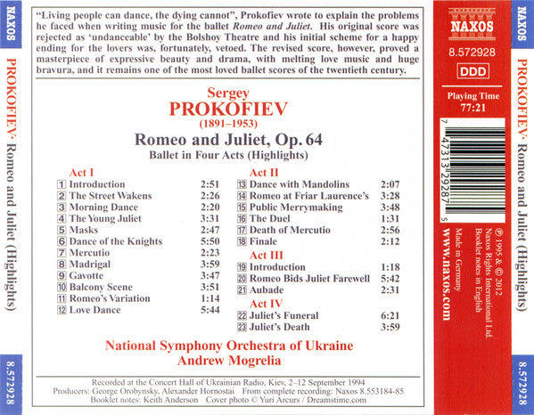 Sergei Prokofiev, National Symphony Orchestra Of Ukraine, Andrew Mogrelia : Romeo And Juliet (Highlights) (CD, Album)