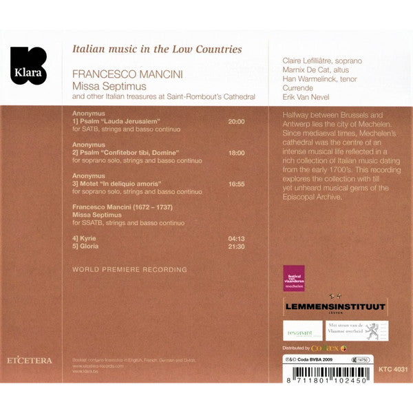 Francesco Mancini - Claire Lefilliâtre, Marnix De Cat, Currende, Erik Van Nevel : Missa Septimus - Italian Music In The Low Countries (CD)