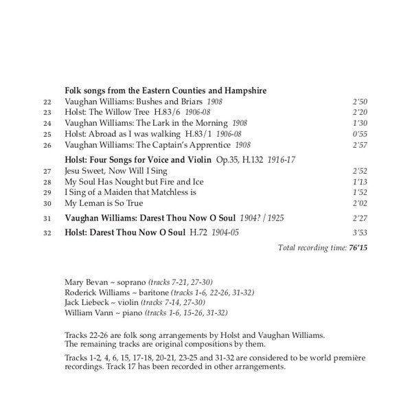 Gustav Holst And Ralph Vaughan Williams, Mary Bevan, Roderick Williams (3), William Vann, Jack Liebeck : Time And Space (CD, Album)