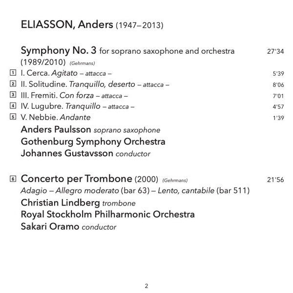 Anders Eliasson (2), Christian Lindberg, Göteborgs Symfoniker, Royal Stockholm Philharmonic Orchestra, Sakari Oramo : Symphonies Nos 3 & 4, Trombone Concerto (SACD, Hybrid, Multichannel)