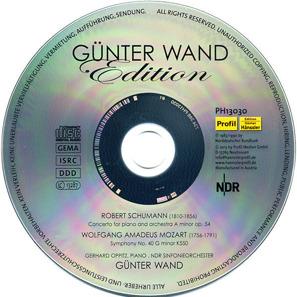 Robert Schumann / Wolfgang Amadeus Mozart - Gerhard Oppitz, NDR Sinfonieorchester, Günter Wand : Concerto For Piano And Orchestra A Minor Op. 54 / Symphony No. 40 G Minor K550 (CD, Comp, RM)