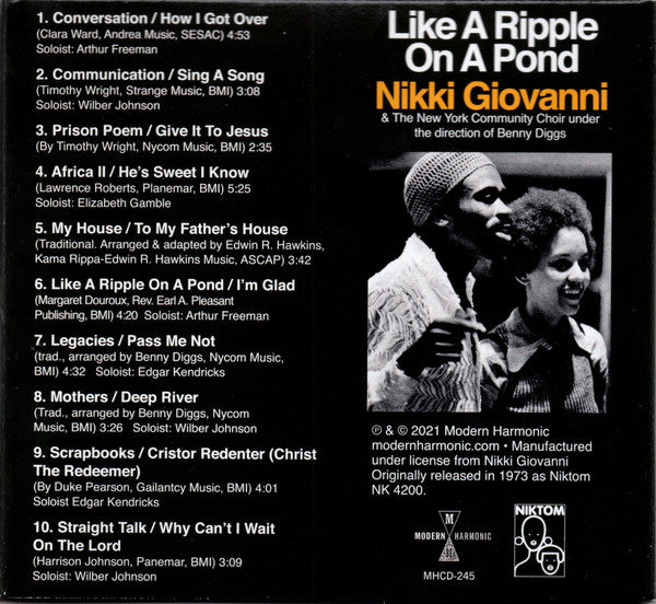 Nikki Giovanni And The New York Community Choir : Like A Ripple On A Pond (CD, Album, RE)