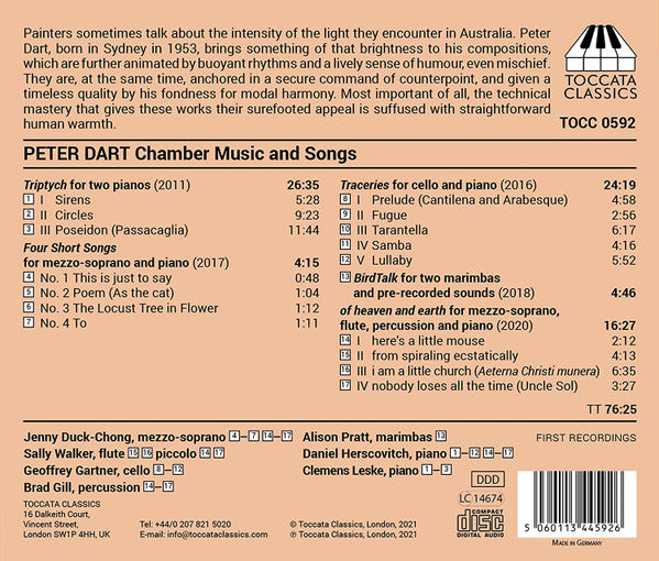 Peter Dart - Jenny Duck-Chong, Sally Walker (2), Geoffrey Gartner, Alison Pratt, Bradley Gill, Daniel Herscovitch, Clemens Leske (2) : Chamber Music And Songs (CD, Album)