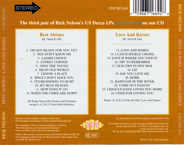Ricky Nelson (2) : Best Always / Love And Kisses (CD, Comp)