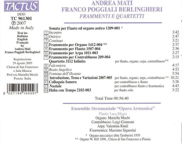 Franco Poggiali Berlinghieri, Andrea Mati, Ensemble Strumentale "Opera Armonica", Luca Magni (2) :  Frammenti E Quartetti (CD, Album)
