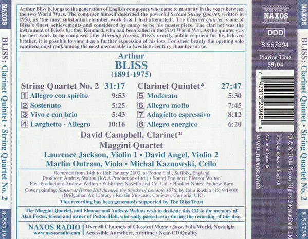 Arthur Bliss, David Campbell (6), The Maggini Quartet : Clarinet Quintet · String Quartet No. 2 (CD, Album)
