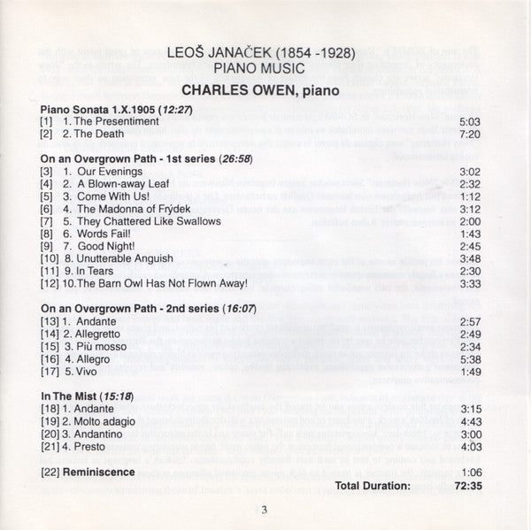 Leoš Janáček, Charles Owen (2) : Piano Music:  Sonata I.X.1905, On An Overgrown Path, In The Mist, Reminiscence (CD, Album)