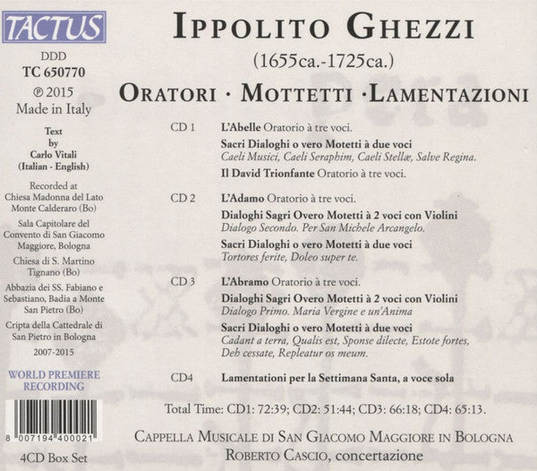 Ippolito Ghezzi, Cappella Musicale di San Giacomo Maggiore In Bologna, Roberto Cascio : Oratori, Mottetti, Lamentazioni (4xCD, Album + Box, Comp)