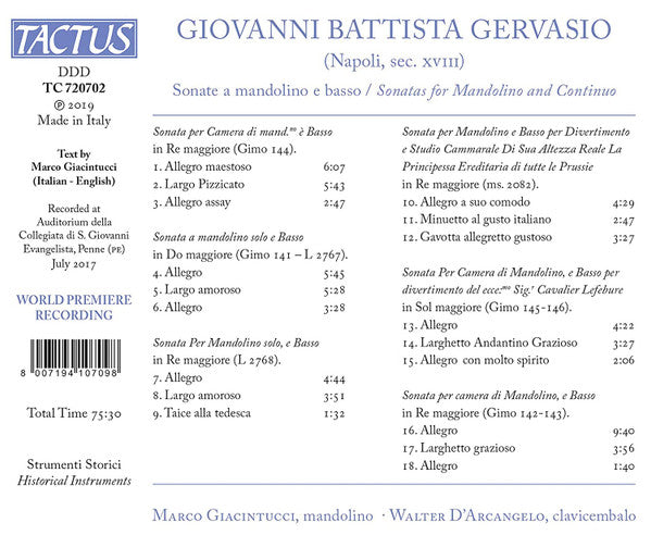 Giovanni Battista Gervasio, Marco Giacintucci, Walter D'Arcangelo : Sonate A Mandolino E Basso (CD, Album)
