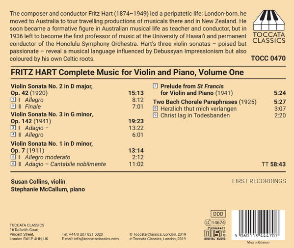 Fritz Hart, Susan Collins (10), Stephanie McCallum : Complete Music For Violin And Piano, Volume One (CD, Album)
