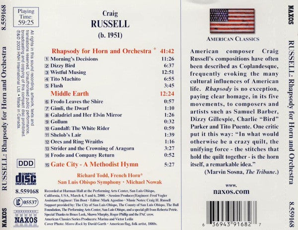Craig H. Russell, Richard Todd, San Luis Obispo Symphony, Michael Nowak : Rhapsody For Horn And Orchestra • Middle Earth • Gate City (CD, Album)